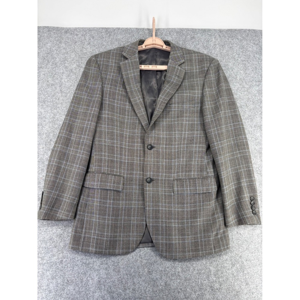 Pronto Uomo Platinum Mens 38R Blazer Wool Blend Plaid Brown Grey Sport Coat
